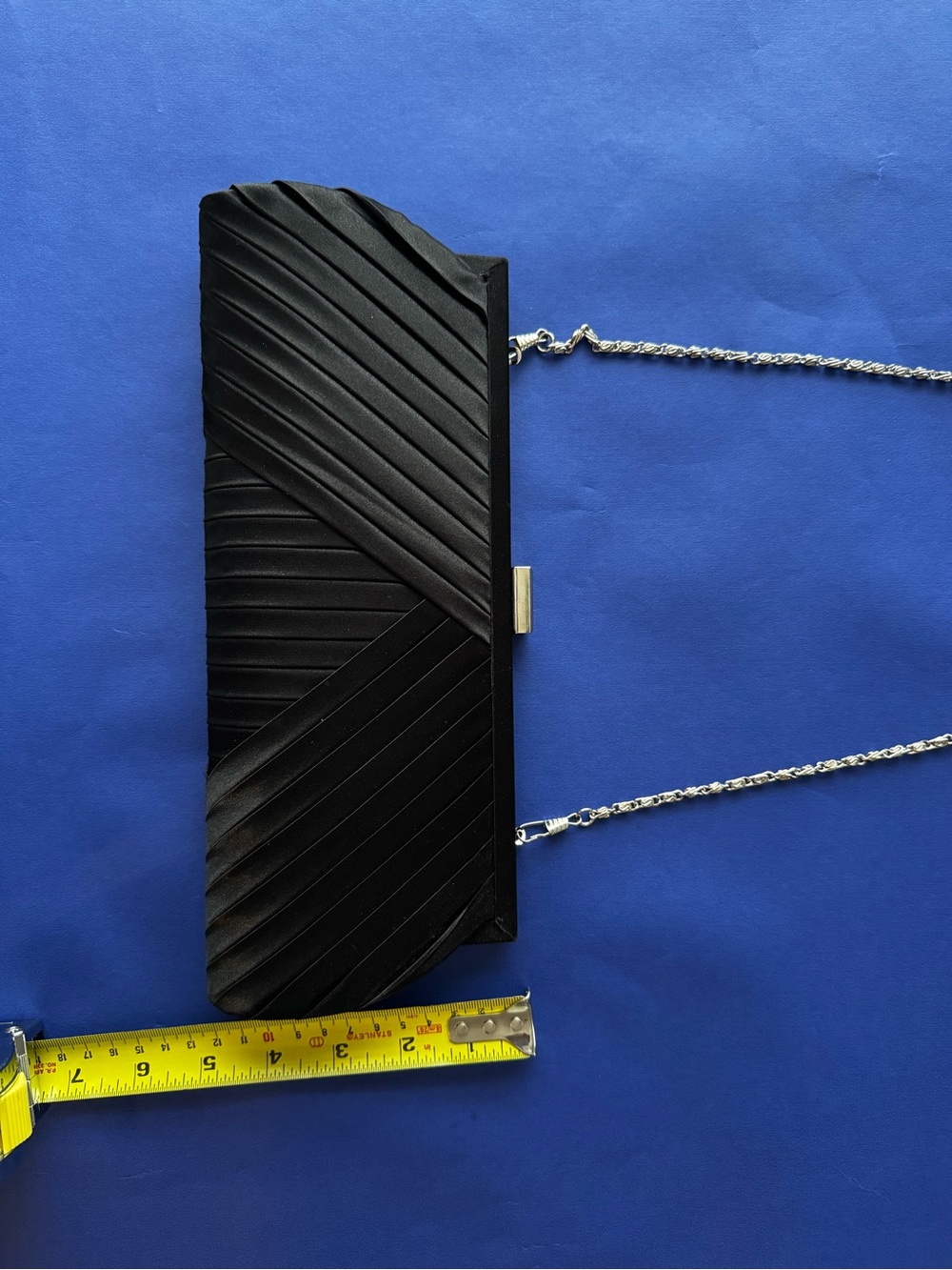 Black Satin Pleated Evening Clutch with Silver Chain - Picture 5 of 6